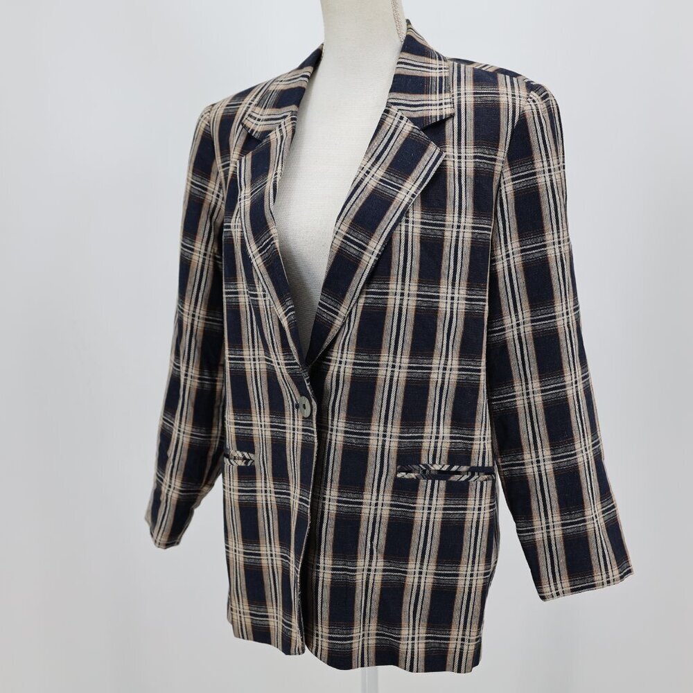 Requirements Petite Womens Plaid Linen Blend Tailored Blazer Navy Beige 12P